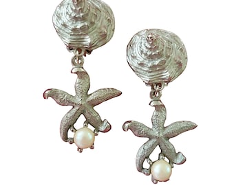 Silver Tone Starfish and Seashell Dangle Drop Clip On Earrings with Faux Pearls Ocean Beach Design