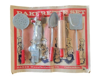 Bakerette Set Vintage Mid Century Kitchen Toy Utensils Pretend Play 1950s Deadstock Unopened Package Gift Idea Prop
