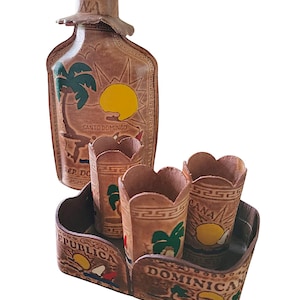 Mama Juana Painted Tooled Leather Wrapped Dominican Republic Bottle with Matching Shot Glasses and Small Tray Caribbean DR Souvenir
