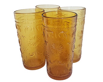 Brockway Gold Drinking Glasses American Concord Pattern Set of 4 Juice Cocktails Water Drinks Barware