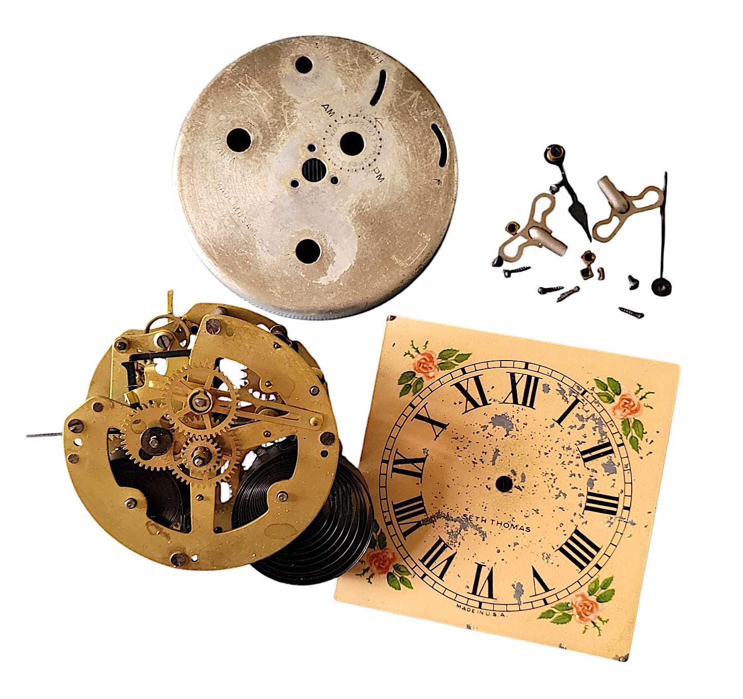 Seth Thomas Clock Parts: Movement, Face, Brass Gears for Steampunk Art -  Etsy, image size:1448x1361