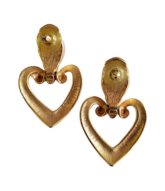 Chunky Gold Tone Heart Earrings with Big Faux Pea… - image 2