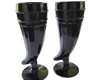 Set of 2 Black Tiara Amethyst Glass Pilsner Powder Horn Glasses Vintage Barware