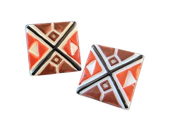 Square 1980s 1990s Clip On Earrings with Abstract Design Vintage Statement Jewelry