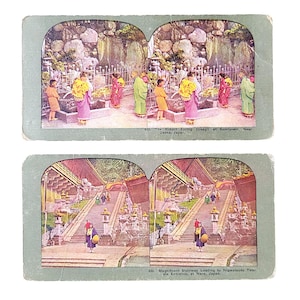 Japan Osaka and Nara Stereoview Color Photograph Cards Lot of 2 Japanese Temple Historic Sites