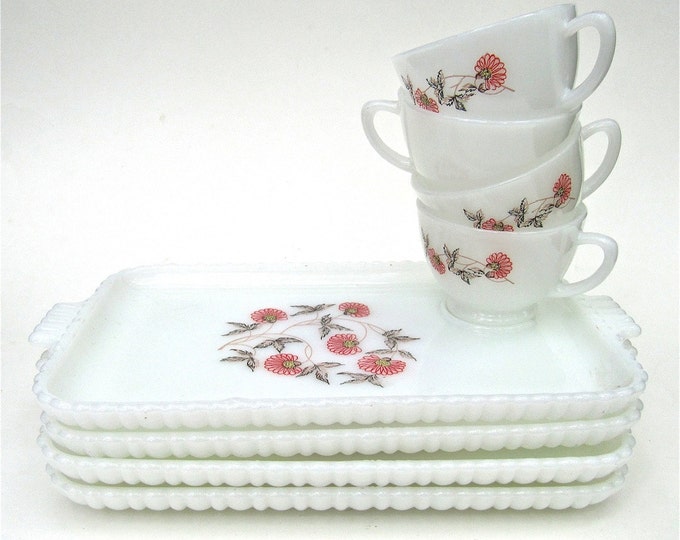 Fire King Fleurette Milk Glass Snack Plates Cups 8 Piece Etsy