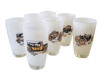 Frosted White Classic Vintage Car Glasses Tumblers Hazel Atlas CHOOSE Ford Packard Chevrolet Buick Dodge Rambler Cadillac Autos