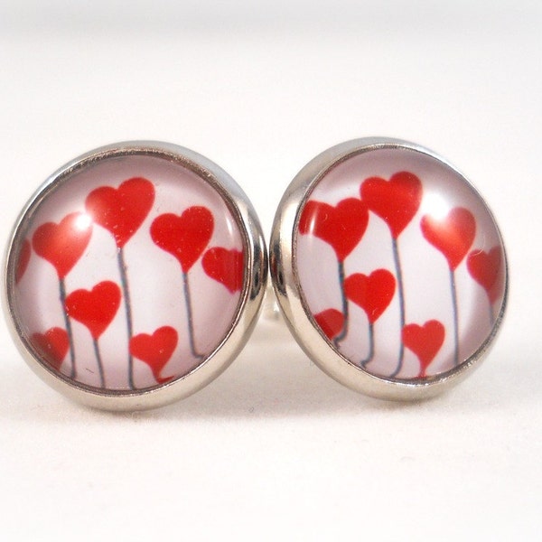 Heart Flowers Earrings Red Heart Earrings Valentine Jewelry Cute Tween Earrings Red and White