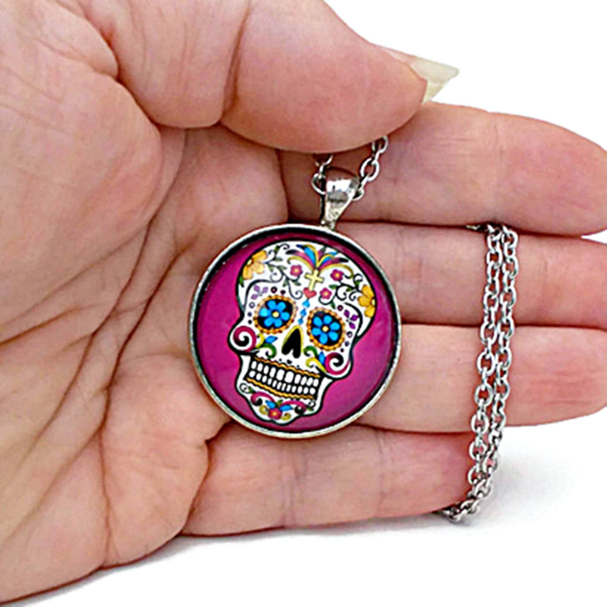 Sugar Skull Necklace Pink Sugar Skull Pendant Sugar Skull Etsy
