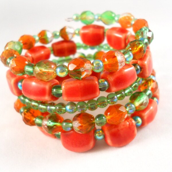 Beaded Bracelet, Orange and Green, Ceramic Bracelet, Chunky Bracelet Set, Memory Wire Bracelet, Coil Bracelet, Womens Gift, Bracelet Stack