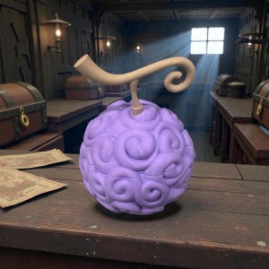 May include: A purple, spherical fruit with a swirling pattern and a light brown stem and tendril. The fruit is on a wooden surface in a dimly lit room with chests and tables.