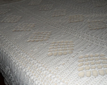 Crochet Afghan (King 102inX60in) Bedspread - Crochet King Coverlet - Wedding Gift - Blanket - Throw ''DIAMONDS DESIGN' in White