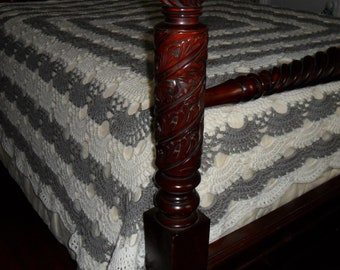 Crochet Afghan (California King 110inx110in) Bedspread - Blanket - Coverlet  - Wedding Gift ''SHELLS APLENTY'' in Soft Gray and Soft White