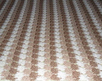 Crochet Afghan TIER DROP Bedspread  Throw  Blanket  Coverlet  XLarge in Dark Tan  Lt.Tan  White