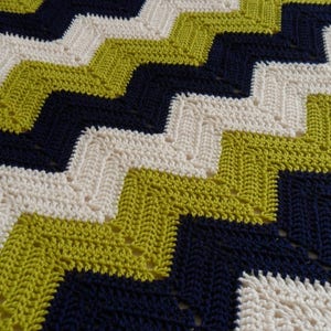 Crochet Afghan (70inLx54inW)  &#39;&#39;CHEVRONS&#39;&#39; - Crochet Bedspread - Crochet Throw - Crochet Blanket - Gift   in Navy, Lime Green, White