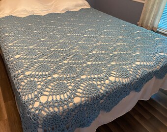 Crochet Afghan King (92inLx70inW)    Blanket  Throw  Bedspread Coverlet Wedding Gift ''WARM WELCOME Pineapples" in Soft Aqua