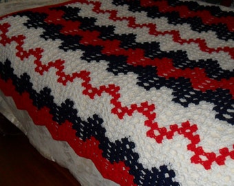 Crochet Afghan (King 90inWX60inL) - Patriotic Blanket - Crochet Bedspread -Throw ''CONTEMPORARY GRANNY RIPPLE'in Red-White-Blue