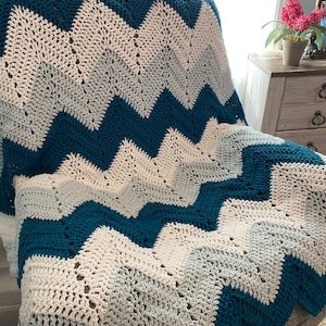 Crochet Afghan Size(70inLx54inW) "CHEVRONS'' Crochet Blanket, Throw, Coverlet, Sofa Cover, Bedspread in Teal, Lt Teal and White
