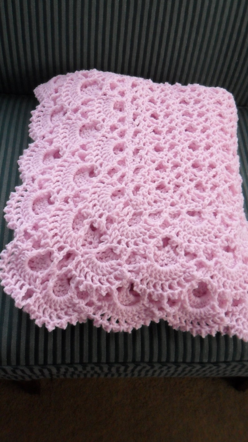 Crochet Afghan King 96inWx60inL Coverlet Throw Blanket Bedspread SHELLS GALORE in Pastel Pink image 1