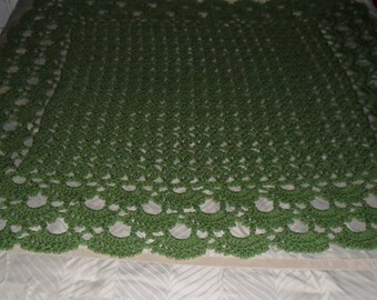 Crochet Afghan (56inX52in) - Blanket - Coverlet - Throw- Bedspread - Large   ''SHELLS GALORE''   in Tea Leaf Green