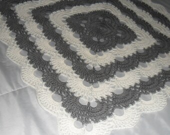 Crocheted Afghan Throw(42inX42in) - Blanket - Coverlet - Bedspread  - Gift ''SHELLS APLENTY''  in Gray and soft White