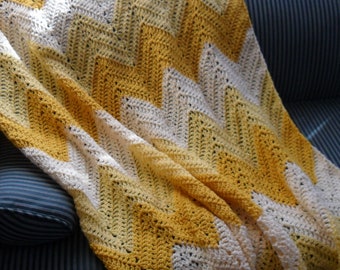 Crochet Afghan Queen Size(70inLx54inW) "CHEVRONS''  Blanket, Throw, Coverlet, Sofa Cover, Bedspread in Dark Yellow, Med Yellow and, Offwhite