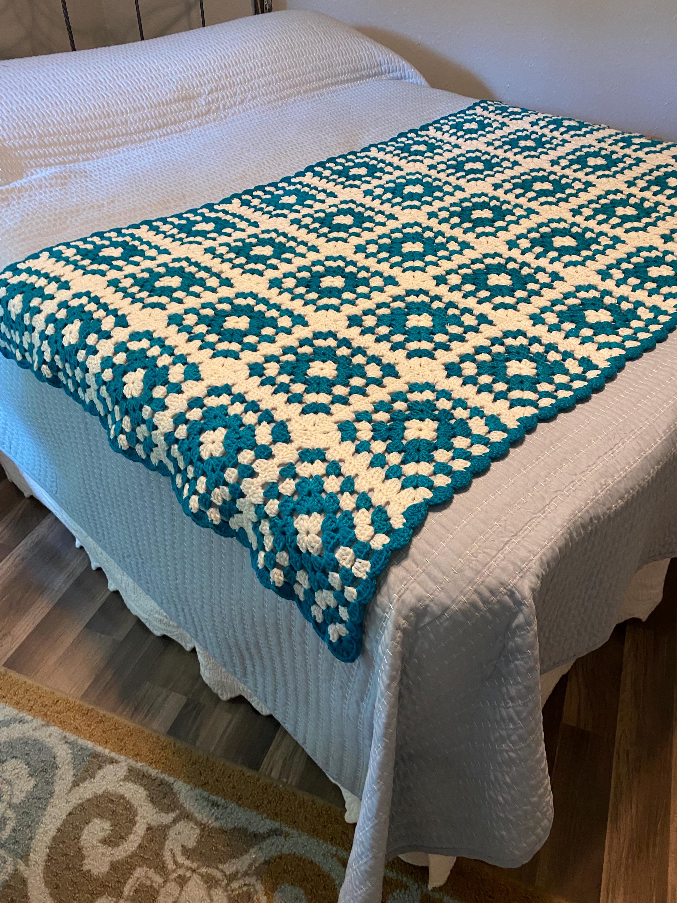 Crochet Granny Squares Afghan 65inWx38inL Crochet Blanket Crochet Coverlet Hand Crocheted GiftHandmade Crochet Throw in Teal and Off White