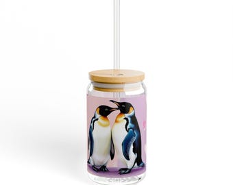 Penguin Love Sipper Glass, Couples Penguin Drinking Glass, Penguin Lover Gift, Arctic Animal Kitchen Decor, Valentine's Day Glassware