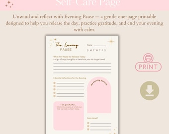 Página del diario de reflexión nocturna – Hoja de trabajo de autocuidado (Descarga digital)