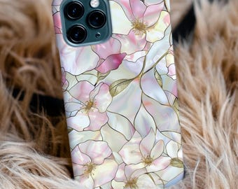 Elegante custodia per telefono floreale - Stile vetrate colorate rosa e perle, custodia protettiva per iPhone, regalo per lei