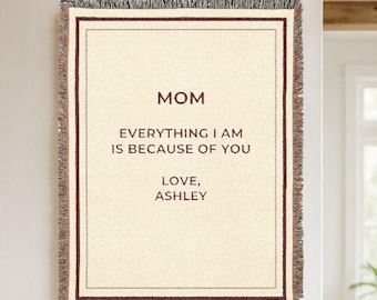 Personalized Woven Blanket for Mom, Custom Message Keepsake Modern Farmhouse Cotton Blanket Gift from Daughter or Son, Family Heirloom
