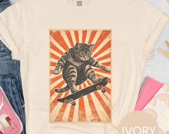Vintage Skate Cat T Shirt, Retro Mid Century Cat Graphic Tee, Skateboard Cat Shirt, Comfort Colors Unisex Tee
