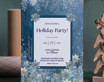 以下が含まれることがあります： 青と白の花柄のデザインのホリデーパーティーの招待状。「Holiday Party!」というテキストと、日付、時間、RSVP情報などのイベントの詳細が含まれています。
