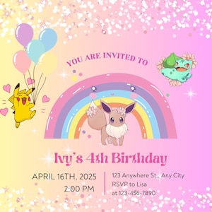 Mädchen-Pokemon-Party-Einladung, Pokemon-Geburtstag, Pokemon bearbeitbare Vorlage, Evoli-Pokemon-Einladung, Pikachu-Party-Einladung für Mädchen,