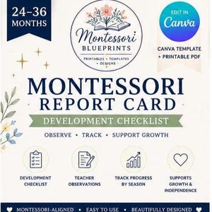 Puede incluir: Una lista de verificación de desarrollo Montessori para 24-36 meses. El documento presenta un logotipo circular con un libro y flores, el texto "Montessori Blueprints", "Observe, Track, Support Growth" y cuatro iconos que representan una lista, escritura, un gráfico y un corazón.