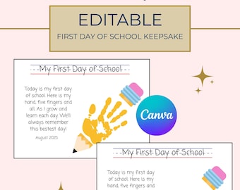 May include: A printable "My First Day of School" keepsake template with a handprint design. The design includes the text "Montessori Blueprints," "Editable," and "First Day of School Keepsake." The template features a pencil and eraser graphic.