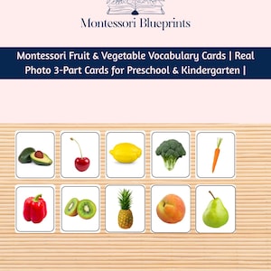 Tarjetas de vocabulario Montessori de frutas y verduras / Tarjetas de 3 partes con fotos reales para preescolar / jardín de infantes / Trabajo de lenguaje temprano imprimible
