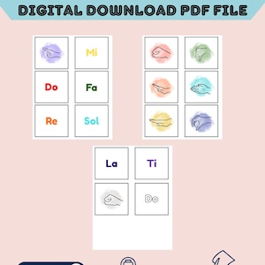 May include: Digital download of solfege matching cards. The cards feature hand gestures and musical notes like Do, Re, Mi, Fa, Sol, La, and Ti. The text on the cards is in various colors, and the background is a soft pink.
