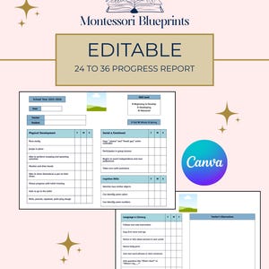 May include: A pink and white Montessori Blueprint progress report template for children aged 24 to 36 months. The report includes sections for physical, social, emotional, cognitive, and language development. The word "EDITABLE" is displayed prominently.