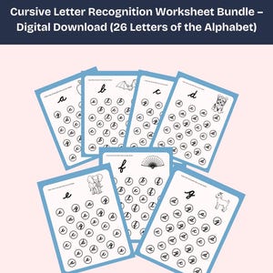 Paquete de hojas de trabajo de reconocimiento de letras cursivas e impresas: descarga digital (A-Z)