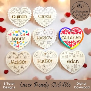 Valentijnsdag gepersonaliseerde kleuren harten laserbestand svg, klas Valentijnsdag ideeën, graveren-score-knippen, digitale download, kinderen kleuren