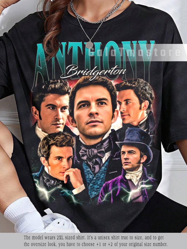 May include: Black t-shirt featuring a graphic of the word "ANTHONY" in teal, with the name "Bridgerton" below. The shirt displays portraits of several men in period attire. The text "edolormastore" is visible.