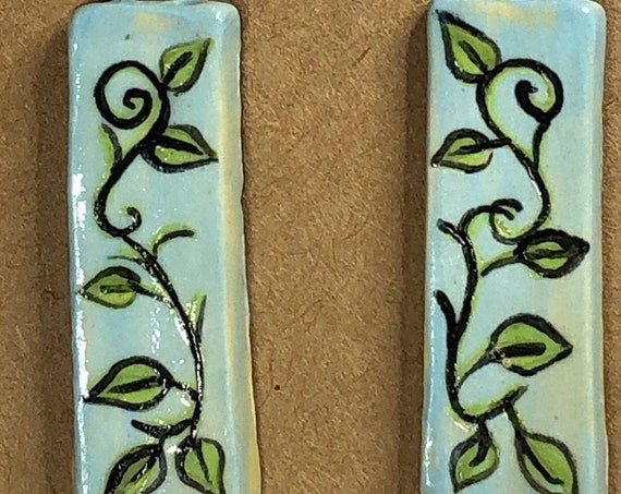 Green Leaves Earrings/ Vining Green Leaves on Blue Rectangles Ceramic Earrings