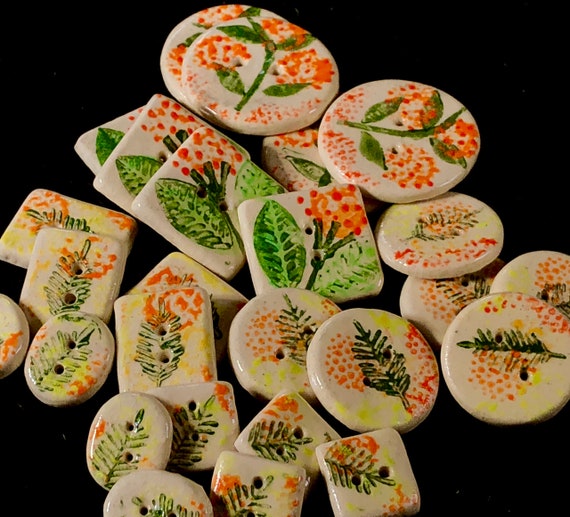 Orange and Green Buttons/ Blooming Orange and Green Spring and Summer Buttons