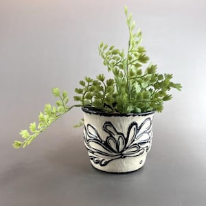 May include: A white ceramic planter with a black floral design, featuring a leafy green plant.
