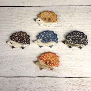 May include: Five hedgehog-shaped buttons in various colors: brown, orange, blue, and black. Each button has a white belly and a buttonhole. The buttons are arranged on a white, wood-grain surface.