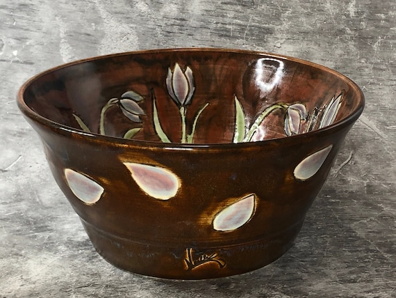 Brown Serving Bowl with Tulips