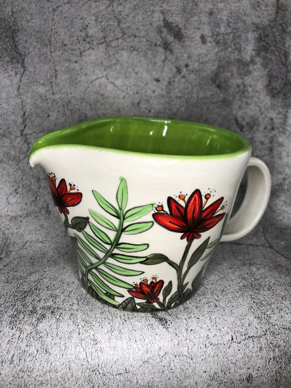 Red Summer Flowers and Green Leaves 2 cup Pitcher