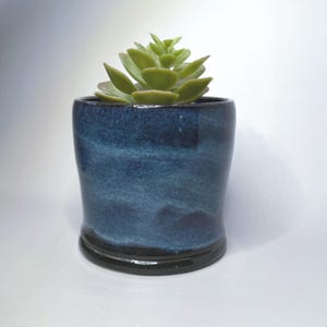 May include: A small, handcrafted ceramic planter with a dark blue glaze. The planter holds a green succulent plant. The ceramic pot has a rounded shape with a dark base and a glossy finish, perfect for home decor.