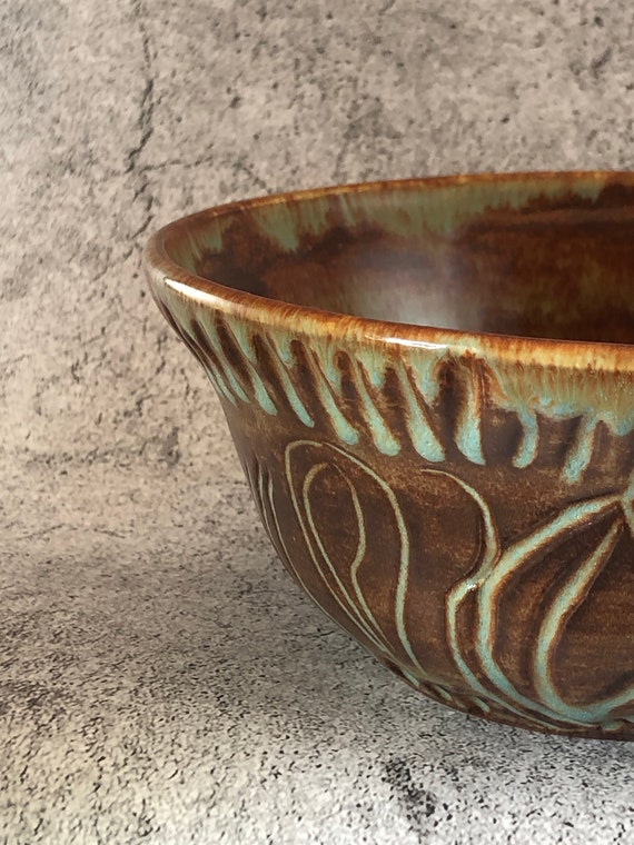 Shino Brown and Blue Carved Stoneware Fruit Bowl or Serving Bowl